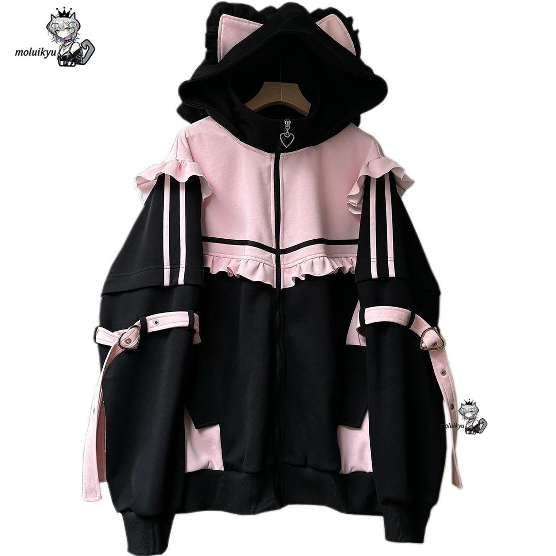 Embellish Knit - เสื้อฮู้ดดี้หูแมวสไตล์ Y2K สีชมพู-ดำ สำหรับผู้หญิง แบบซิป มีระบายหวานๆ