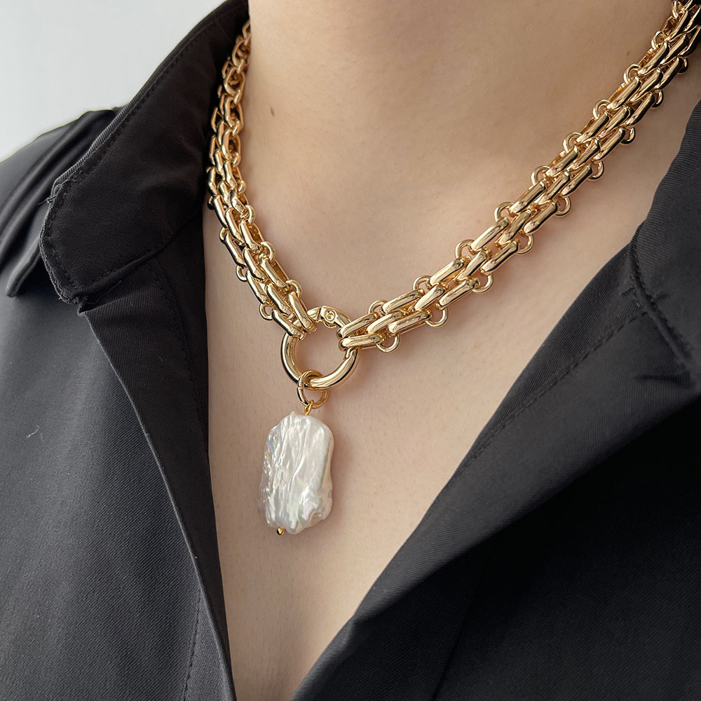 Pearl Trim Chain - Ghidbk ขนาดใหญ่จี้มุกน้ําจืดธรรมชาติ Chunky CHAIN สร้อยคอผู้หญิง VINTAGE