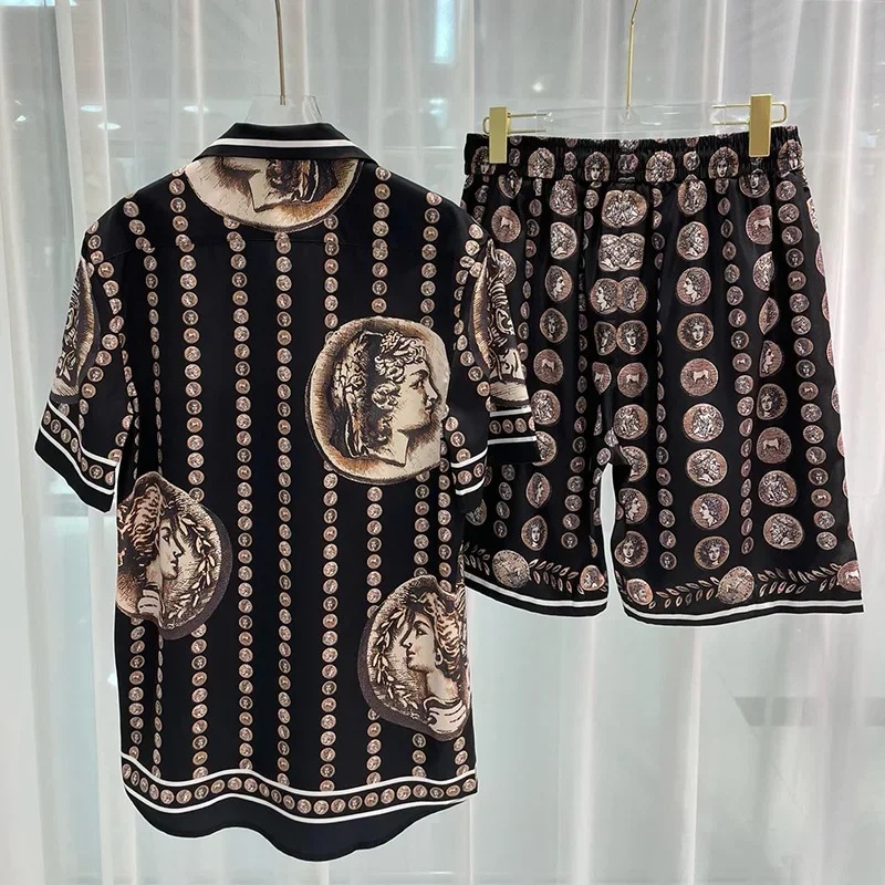 Embellish Knit - ชุดเสื้อเชิ้ตผู้ชาย Royal Luxury ลายวินเทจ พิมพ์ลายตัวอักษร ชุดเสื้อฮาวาย